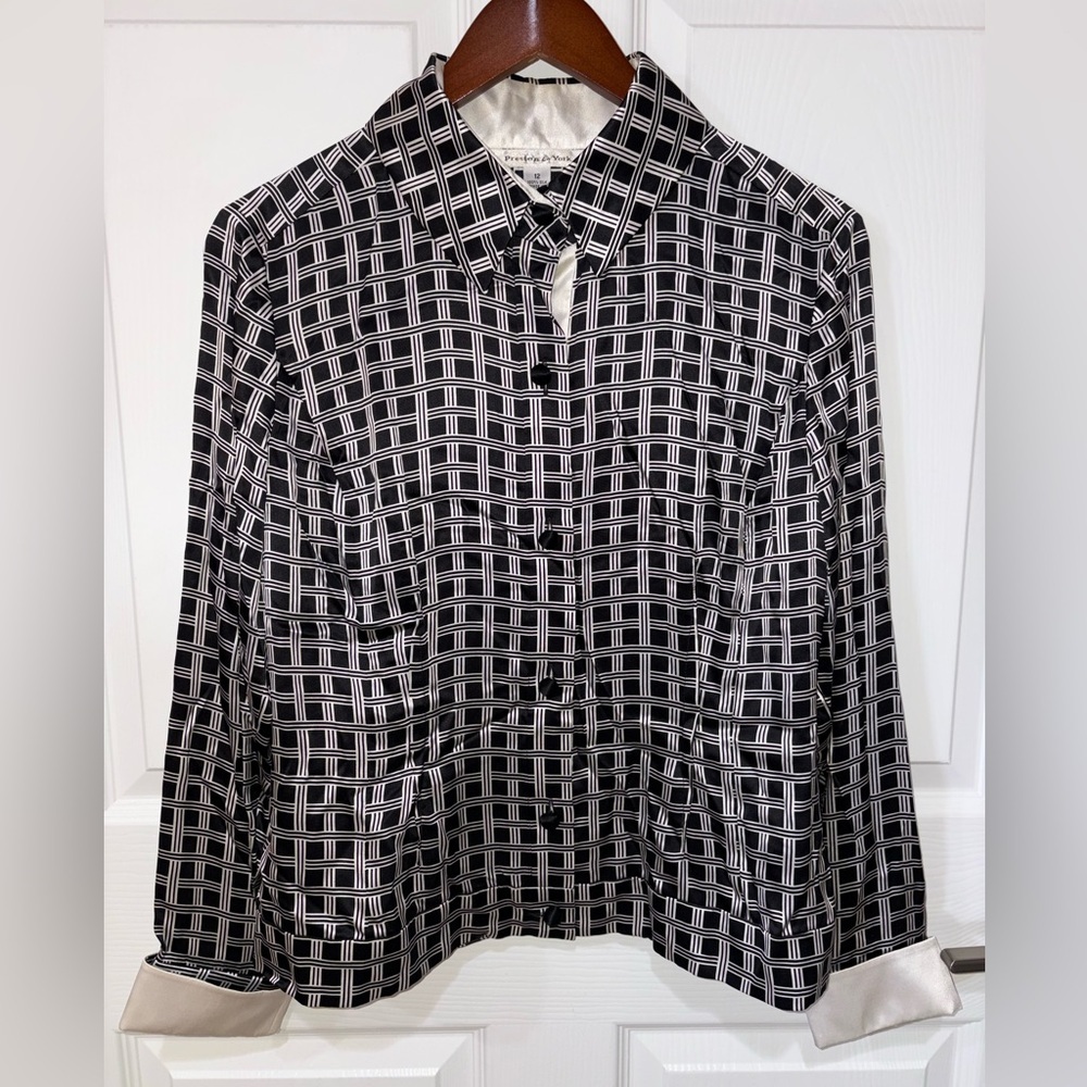 Timeless Preston & York 100% Silk Blouse Women’s Size 12 Black White